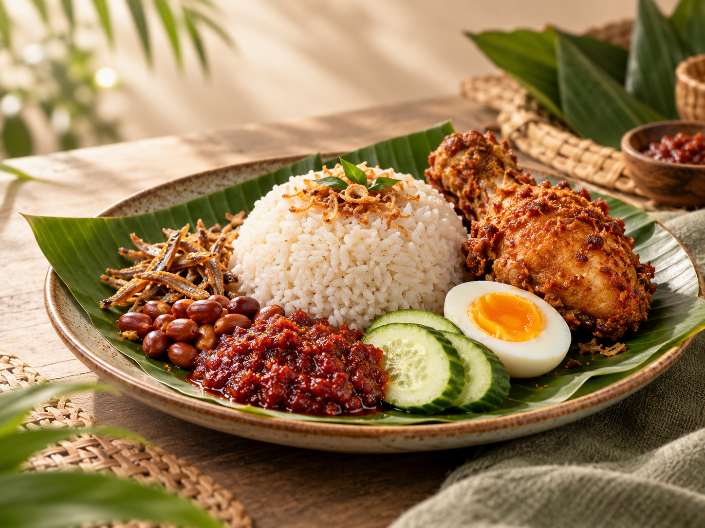 A plated nasi lemak with coconut rice, sambal, anchovies, peanuts, cucumber, egg and fried chicken